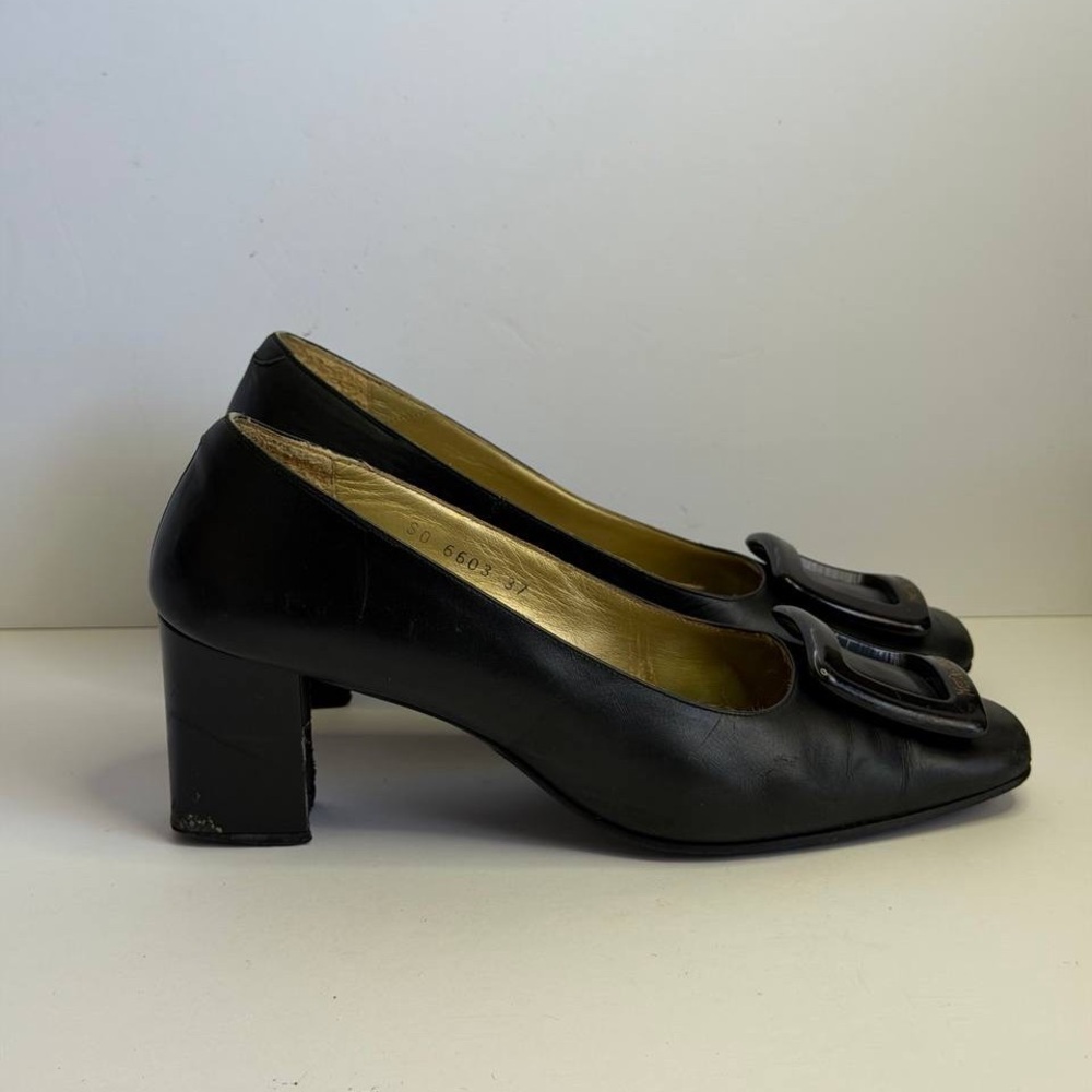 Yves Saint Laurent Black Leather Square-bow Block Heel Pumps Size 37